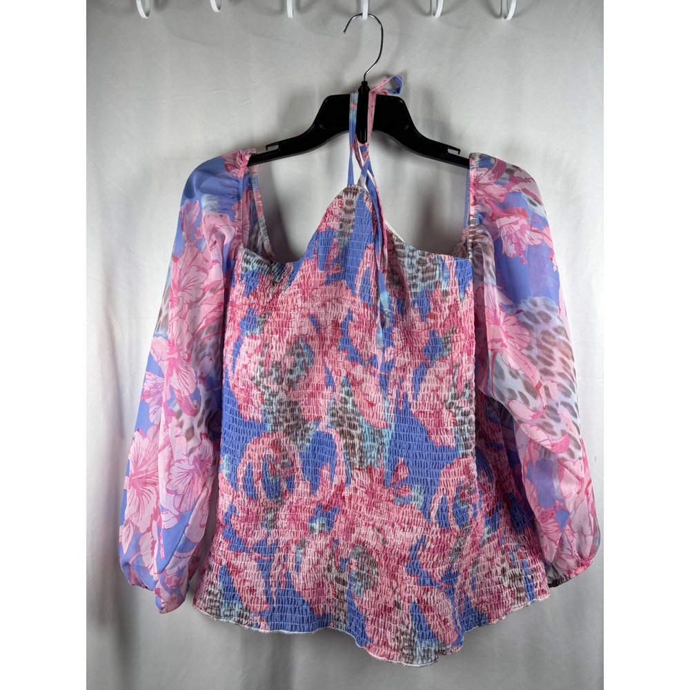 Venus Smocked Square Neck Puff Sleeve Blouse Pink Blue Floral Print ‎ XL